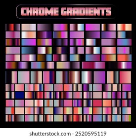O conjunto de gradientes varia de tons pastel claros a cores escuras e arrojadas, com muitos apresentando um brilho metálico e cromado. Uma paleta com uma mistura de cores laranja, vermelha, roxa, azul e preta. 