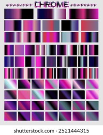 Set of gradients range from light pastel shades to dark, bold colors, with many featuring a metallic, chrome-like shine. 