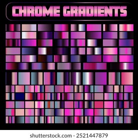 Set of gradients range from light pastel shades to dark, bold colors, with many featuring a metallic, chrome-like shine. A palette with a mix of red, purple, blue and black colors. 