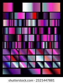 El conjunto de Gradientes va desde tonos pastel claros hasta colores oscuros y llamativos, con muchos de ellos con un brillo metálico y cromado. Una paleta con una mezcla de colores rojo, púrpura, azul y negro. 