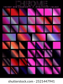 Set of gradients range from light pastel shades to dark, bold colors, with many featuring a metallic, chrome-like shine. A palette with a mix of red, purple, blue and black colors. 