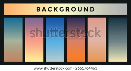 A set of gradients with six vertical stripes of different colors that smoothly transition from one to the other. The colors include shades of blue, purple, pink, orange, and gray.
