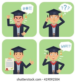 Set of graduate characters posing in different situations. Cheerful graduate talking on phone, surprised, thinking, angry, holding a diploma, contract, document. Flat style vector illustration