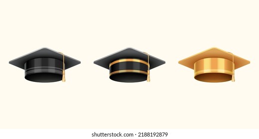 Set of graduate college, high school or university caps isolated on white background. 3d degree ceremony hat with golden tassel. Black and gold educational student cap icon. Vector illustration