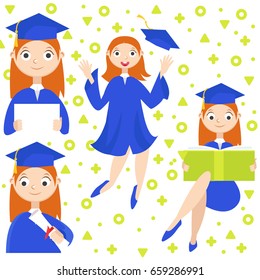 Set. A graduate with a diploma. Vector Flat Illustration