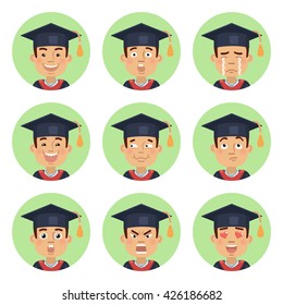 Set of graduate emoticons. Man avatars showing different emotions. Happy, smile, sad, cry, angry, love, surprised, upset, laugh and other facial expressions. Flat style vector illustration