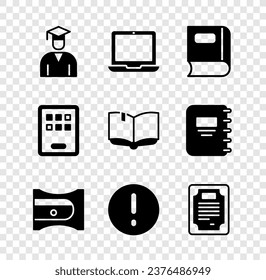 Set Graduate and graduation cap, Laptop, Book, Pencil sharpener, Speech bubble Exclamation, Certificate template, Graphic tablet and Open book icon. Vector