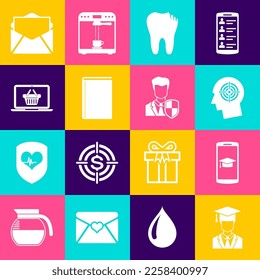 Set Graduate with graduation cap, Graduation mobile, Head hunting concept, Broken tooth, Book and Shopping basket laptop icon. Vector