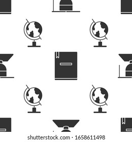 Set Graduate and graduation cap, Notebook and Earth globe on seamless pattern. Vector