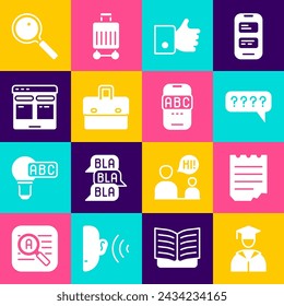 Set Graduate and graduation cap, Notebook, Speech bubbles with Question, Hand like, Briefcase, Online translator, Magnifying glass and Foreign language online study icon. Vector