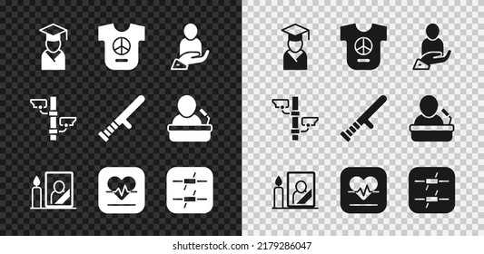 Set Graduate And Graduation Cap, Peace, Life Insurance In Hand, Mourning Photo Frame, Heart Rate, Barbed Wire, Security Camera And Police Rubber Baton Icon. Vector