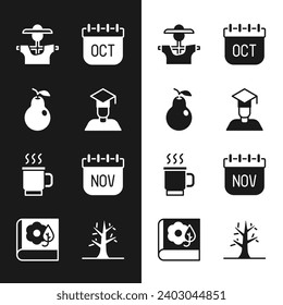 Set Graduate and graduation cap, Pear, Scarecrow, October calendar autumn, Cup of tea, November, Bare tree and Herbarium icon. Vector