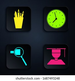 Set Graduate and graduation cap, Pencil case stationery, Magnifying glass and Clock. Black square button. Vector