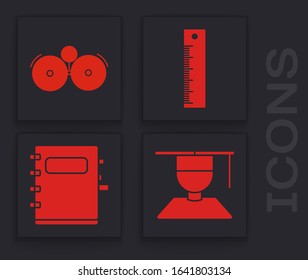 Set Graduate and graduation cap, Ringing alarm bell, Ruler and Notebook icon. Vector