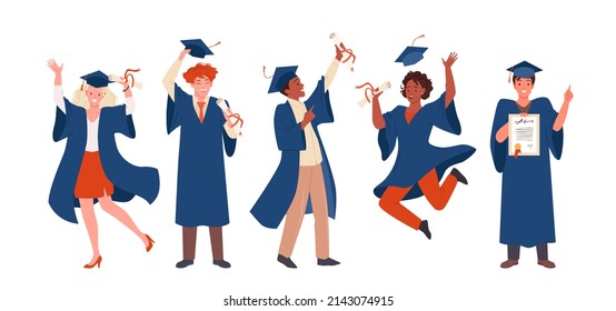 Set of graduate happy excited students. School graduation ceremony, academic cap and robe, high university diploma degree, bachelor studies gaining cartoon vector illustration