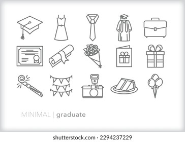 Set of graduate line icons of themes and items to celebrate a high school of college grad for commencement