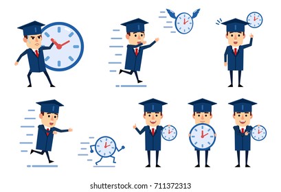 Set of graduate student character posing with watch in various situations. Cheerful student holding clock, trying to catch time and showing other actions. Simple vector illustration