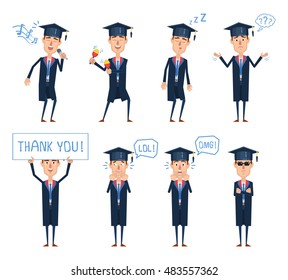 Set of graduate student characters posing in different situations. Cheerful graduate singing, dancing, celebrating, sleeping, thinking, laughing, surprised. Vector illustration