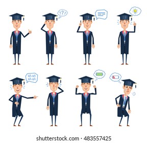 Set of graduate student characters posing in different situations. Cheerful graduate thinking, talking to phone, laughing, crying, pointing, energetic, tired. Vector illustration