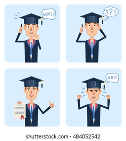 Set of graduate student characters posing in different situations. Cheerful graduate student talking to phone, surprised, thinking, angry, holding diploma. Vector illustration