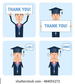 Set of graduate student characters posing in different situations. Cheerful graduate student holding thank you banner, placard, poster, laughing, surprised. Vector illustration