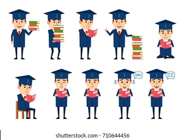 Set of graduate student characters posing with book in various situations. Cheerful graduate reading book, laughing, crying and showing other actions. Simple vector illustration