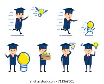 Set of graduate student characters posing with idea light bulb in various situations. Cheerful graduate thinking, holding box full of ideas and showing other actions. Simple vector illustration