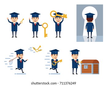Set of graduate student characters posing with key in various situations. Cheerful student holds big golden key, runs, opens treasure chest and shows other actions. Simple vector illustration