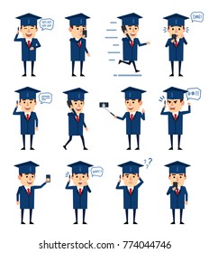 Set of graduate student characters posing with phone. Cheerful student talking on phone, laughing, angry and showing other actions. Flat style vector illustration