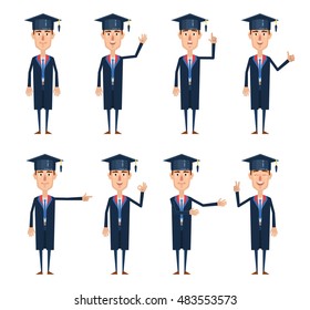 Set of graduate student characters showing different hand gestures. Cheerful graduate showing thumb up, victory sign, greeting, this way, pointing. Vector illustration