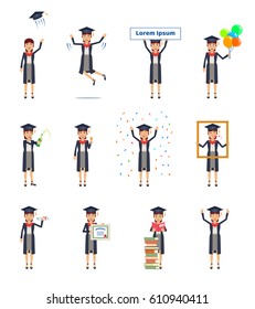 Set of graduate student characters showing different actions, emotions. Cheerful graduate student celebrating, jumping, holding balloons, frame and doing other actions. Simple vector illustration