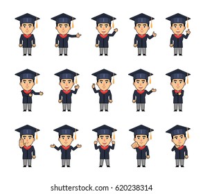 Set of graduate student characters showing diverse hand gestures. Funny graduate pointing, greeting, showing thumb up, victory, okay, stop sign and other hand gestures. Simple vector illustration