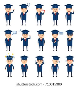 Set of graduate student characters showing various emotions. Cheerful graduate laughing, crying, angry, sleeping, dazed, in love and showing other emotions. Simple vector illustration