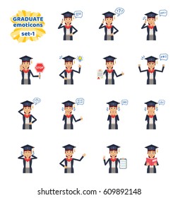 Set of graduate student emoticons showing different actions, gestures, emotions. Cheerful graduate student talking on phone, reading a book and doing other actions. Simple vector illustration