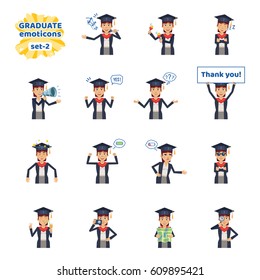 Set of graduate student emoticons showing different actions, gestures, emotions. Cheerful graduate student holding banner, loudspeaker, map and doing other actions, Simple vector illustration