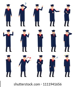 Set of graduate students showing diverse emotions. Graduate in dark mantle laughing, crying, angry, sleepy, tired, thinking and showing other expressions. Flat design vector illustration