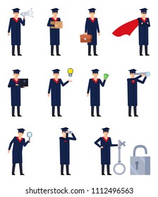 Set of graduate students showing various actions. Graduate in black robe searching with magnifier, holding loudspeaker, spyglass and showing other actions. Flat design vector illustration