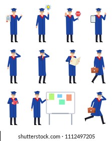 Set of graduate students showing various actions. Graduate in blue robe holding document, talking on phone, reading and showing other actions. Flat design vector illustration