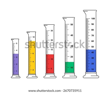 Set of Graduated Cylinders vector illustration. Measuring cylinder with liquids laboratory instruments. Tube vector glass chemistry on a white background.