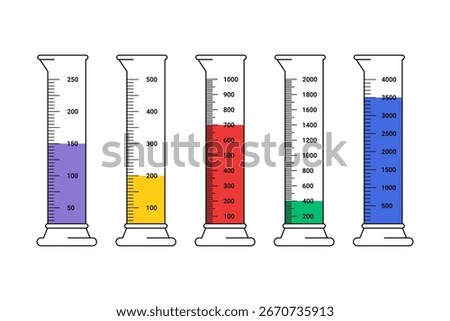 Set of Graduated Cylinders vector illustration. Measuring cylinder with liquids laboratory instruments. Tube vector glass chemistry on a white background.