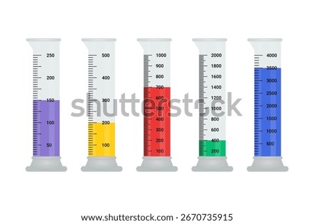Set of Graduated Cylinders vector illustration. Measuring cylinder with liquids laboratory instruments. Tube vector glass chemistry on a white background.