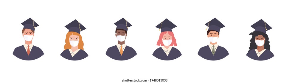 Set of Graduated students avatar in academic gown and cap. Pupil graduation during pandemic wearing medical face mask. Portraits for photo album. Happy young people in mortarboard and bachelor robe.