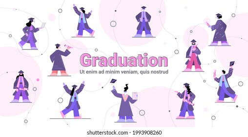 set graduated students graduates celebrating academic diploma degree education concept full length horizontal