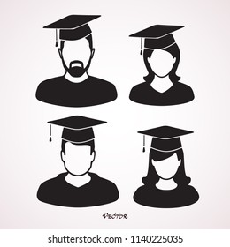 Set graduates in and graduation cap icon, flat style vector illustration. The student boy and girl icon. School, academy, college, education symbol.