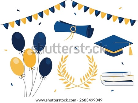 Set of graduation attributes. Blue mortarboard, diploma, laurel branches, books, balloons, garlands, confetti. Design elements isolated on a white background.