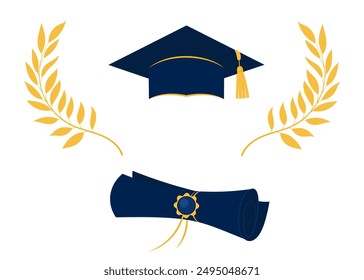 Set of graduation attributes. Diploma, cap with tassel, laurel branches. Design elements for background, card, poster, scrapbooking, advertising, flyer.