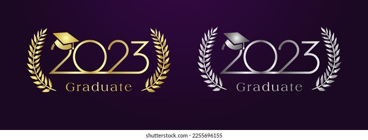 Set of graduation awards symbols. Class of 2023 rewards. Golden and silver round palms. Wreath design, creative stained logo. Isolated elements. Educational and scientific achievement, prize concept.