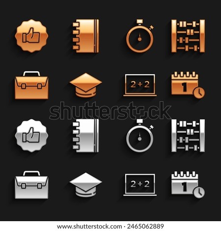 Set Graduation cap, Abacus, Calendar first september date, Chalkboard, Briefcase, Stopwatch, Hand thumb up and Spiral notebook icon. Vector
