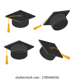 Set of graduation cap. Academic hat with tassel isolated on white background. Vector symbol  illustration in flat style. Design for card, banner, logo, concept education