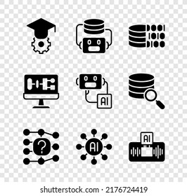 Set Graduation cap, Artificial intelligence robot, Binary code, Neural network, AI, Algorithm and  icon. Vector